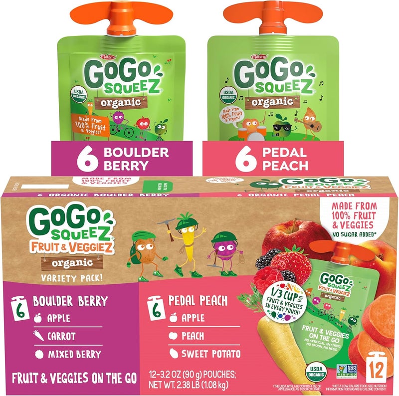 GoGo squeeZ Organic Fruit & VeggieZ Applesauce and Puree Variety Pack - Pedal Peach & Boulder Berry, 12 Pouches of 3.2 oz Each - Image 1